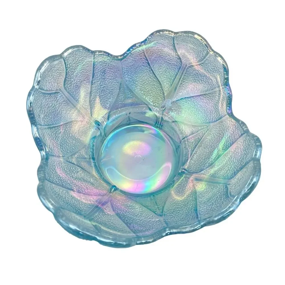 VTG LE Smith Iridescent Carnival Glass Candle Holder - Candy Bowl - Cabbage Leaf